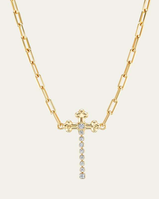 18K Yellow Gold Large Cross Heavy Metal Diamond Necklace